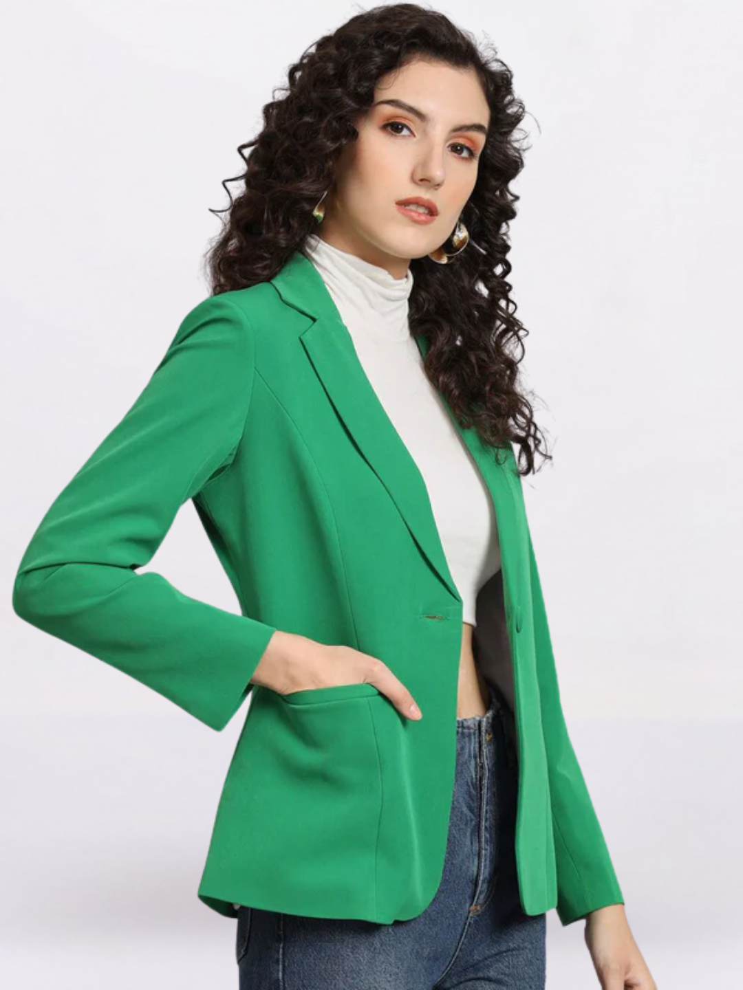Women Green Notched Lapel Formal Blazer