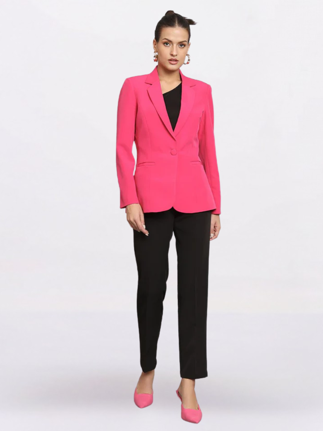 Women Hot Pink Notched Collar Formal Blazer