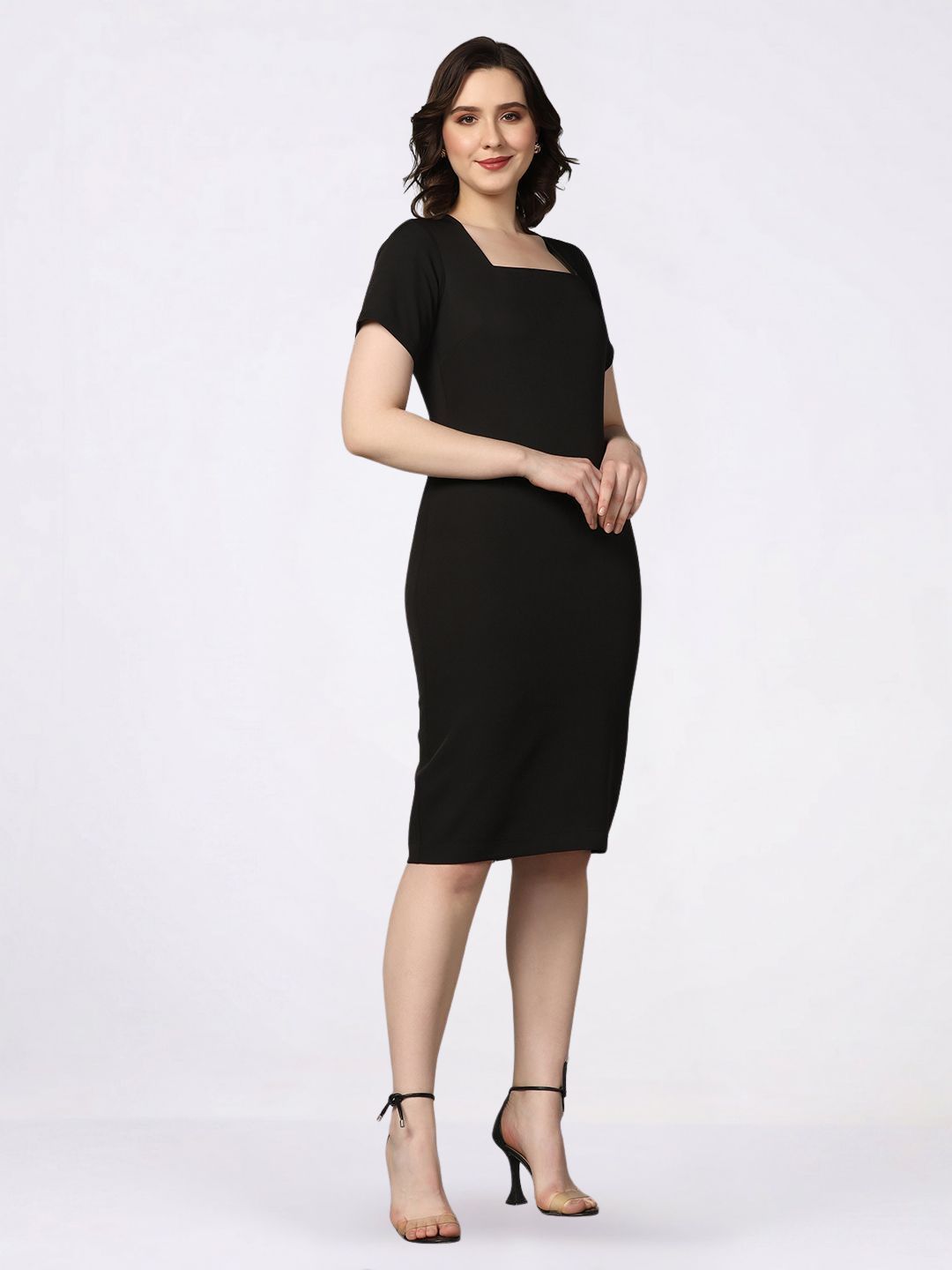 Women Black dress with Ink Blue Notched Lapel Blazer