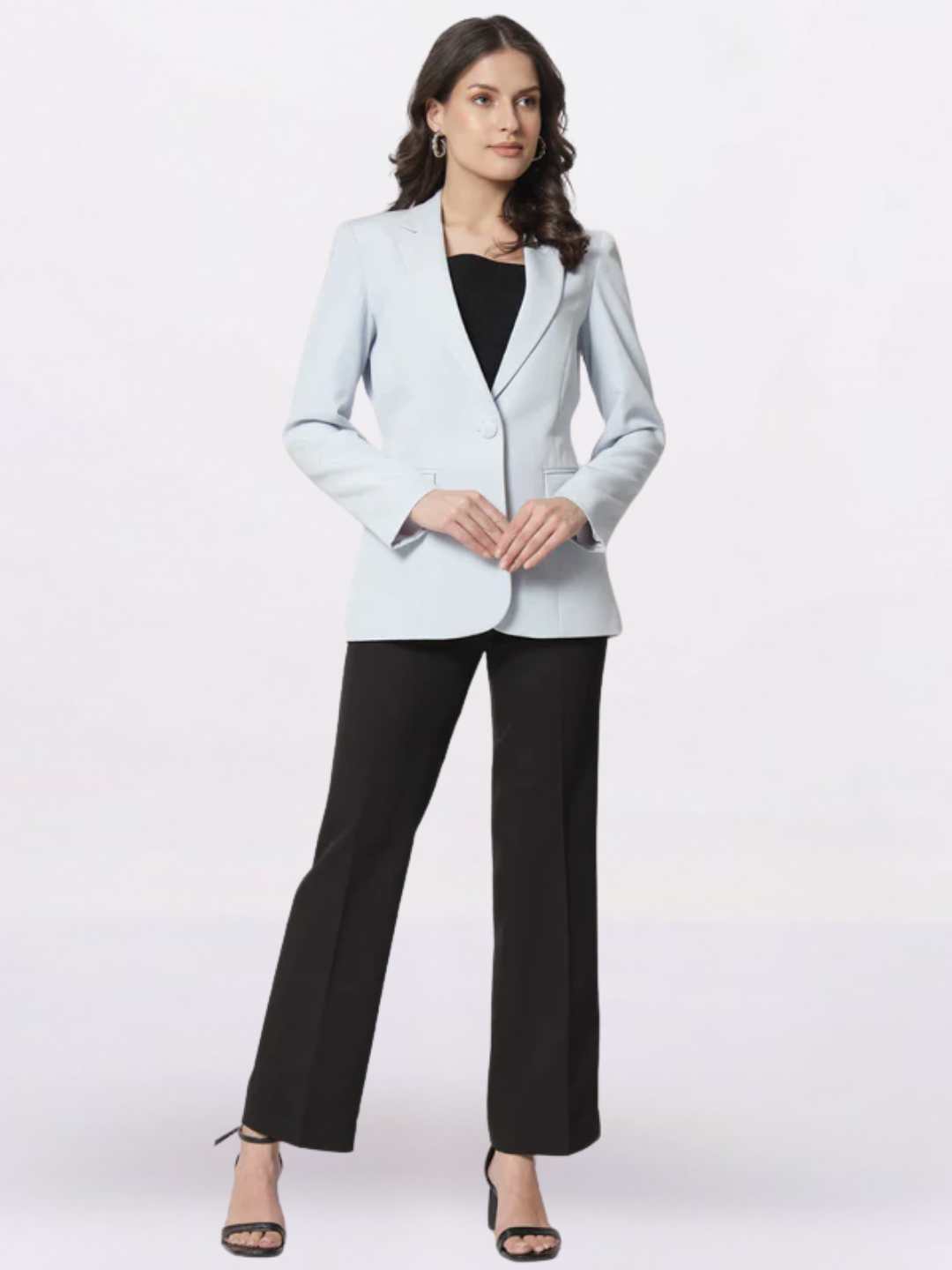 Women Ice Blue Notched Lapel Single Breasted Blazers