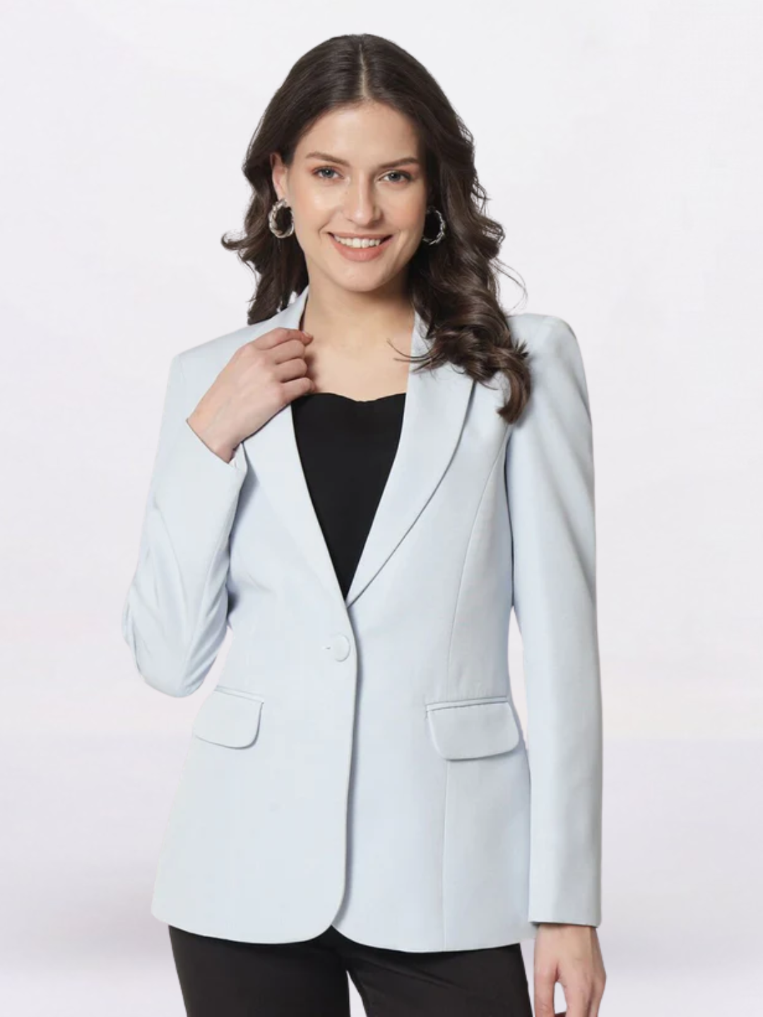 Women Ice Blue Notched Lapel Single Breasted Blazers