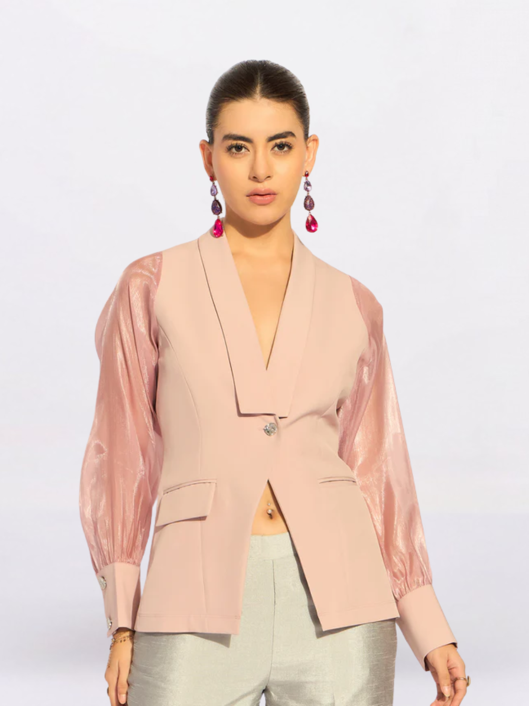 Women Pink Shawl Collar Long Sleeves Shirt Style Top
