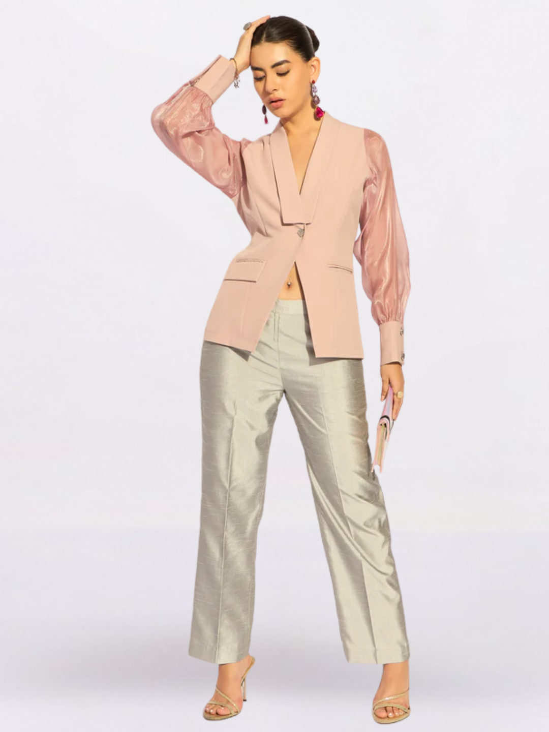 Women Pink Shawl Collar Long Sleeves Shirt Style Top