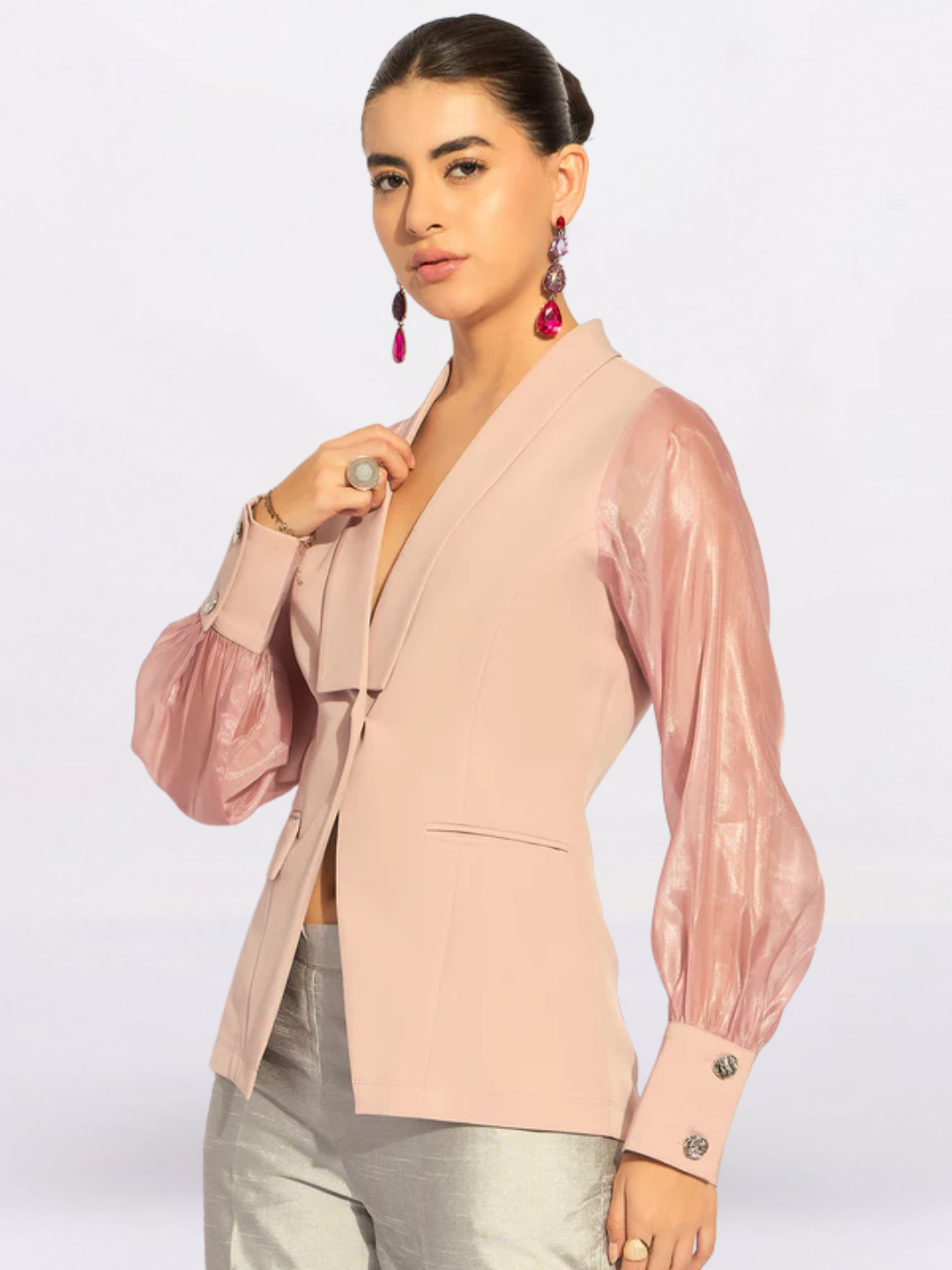 Women Pink Shawl Collar Long Sleeves Shirt Style Top