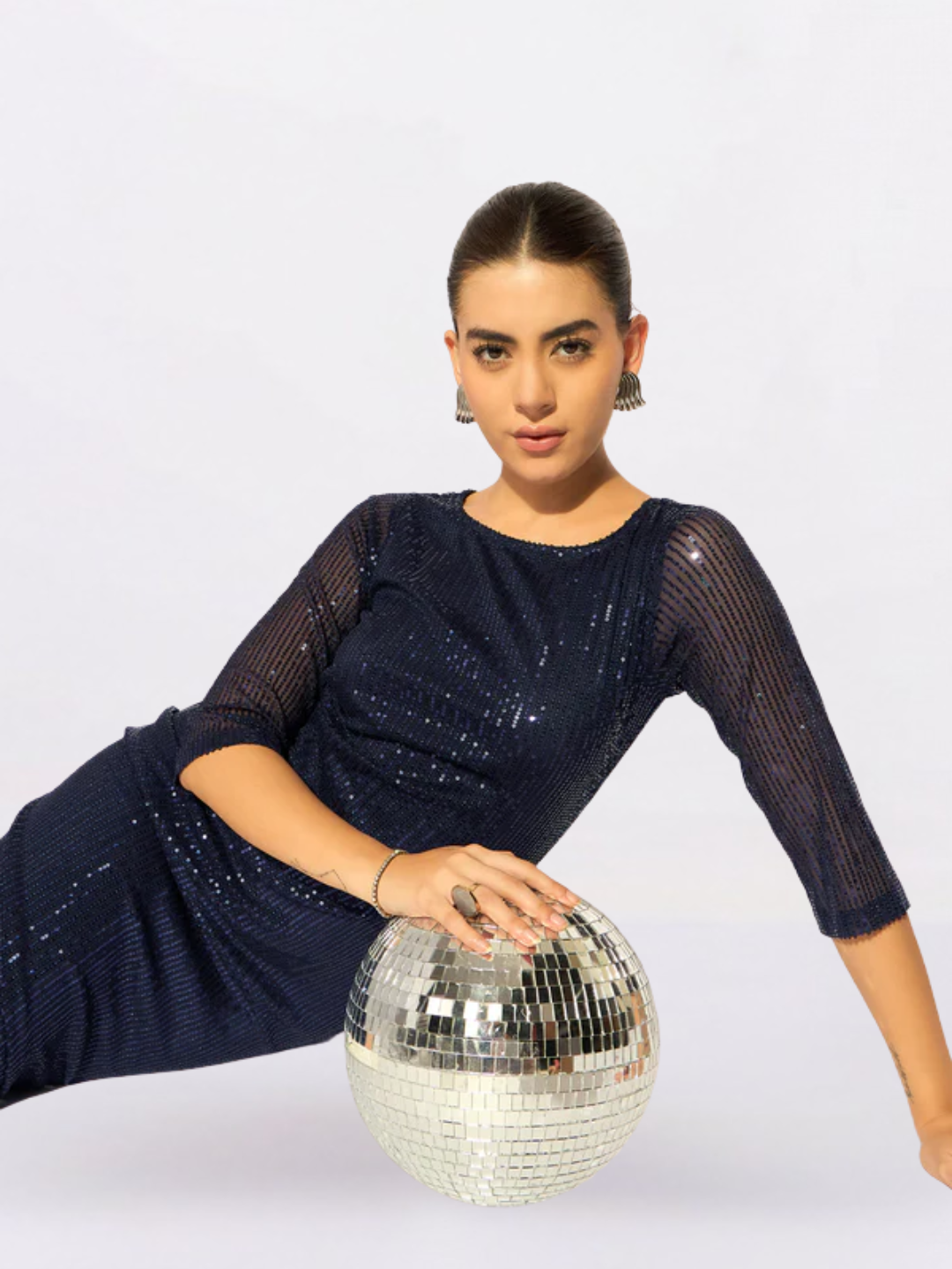 Women Navy Blue Embellished Sheath Dress