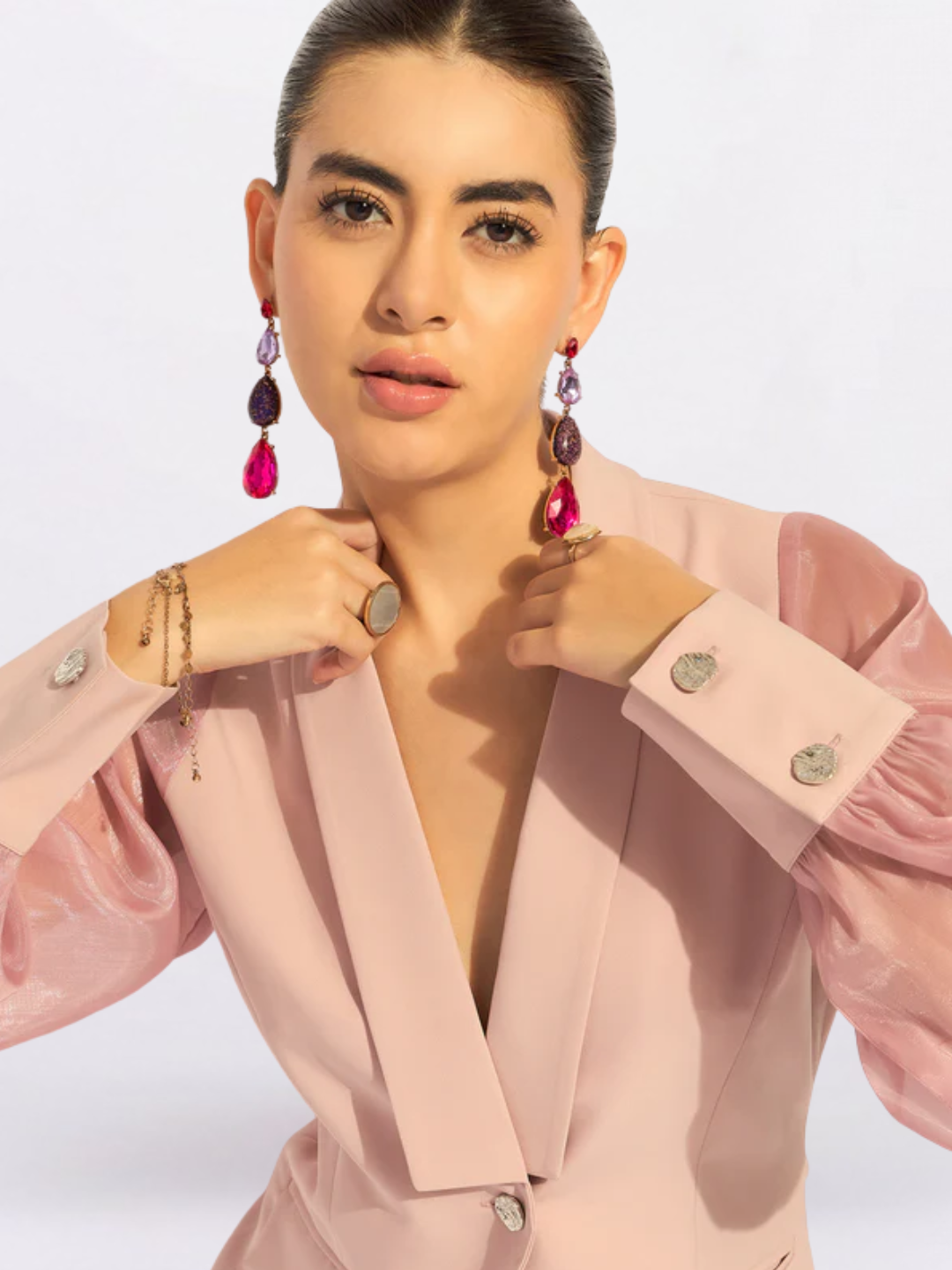 Women Pink Shawl Collar Long Sleeves Shirt Style Top