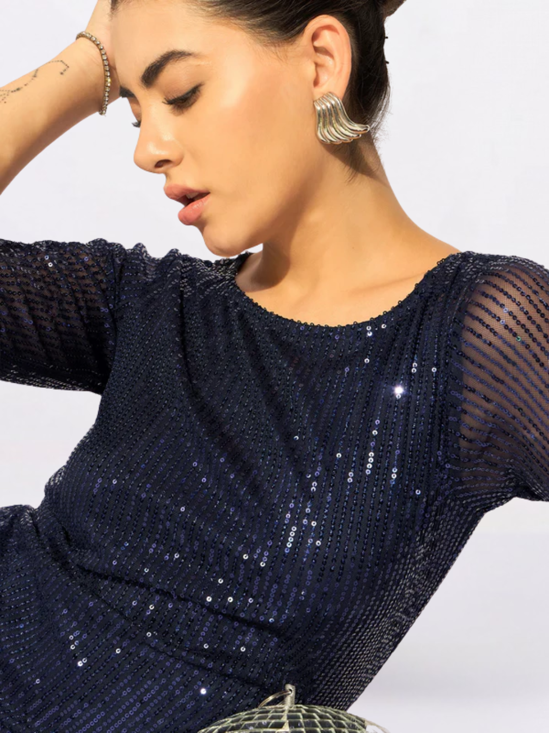 Women Navy Blue Embellished Sheath Dress