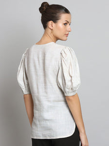 Balloon Sleeves Viscose Linen Top - Light Beige
