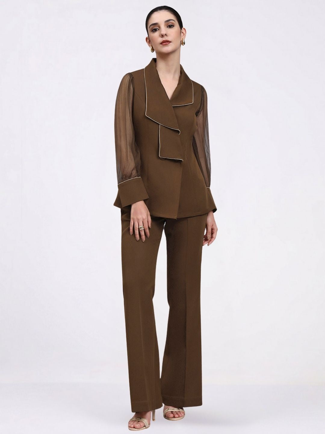 Women Brown Stretch Collared Co-Ord Set
