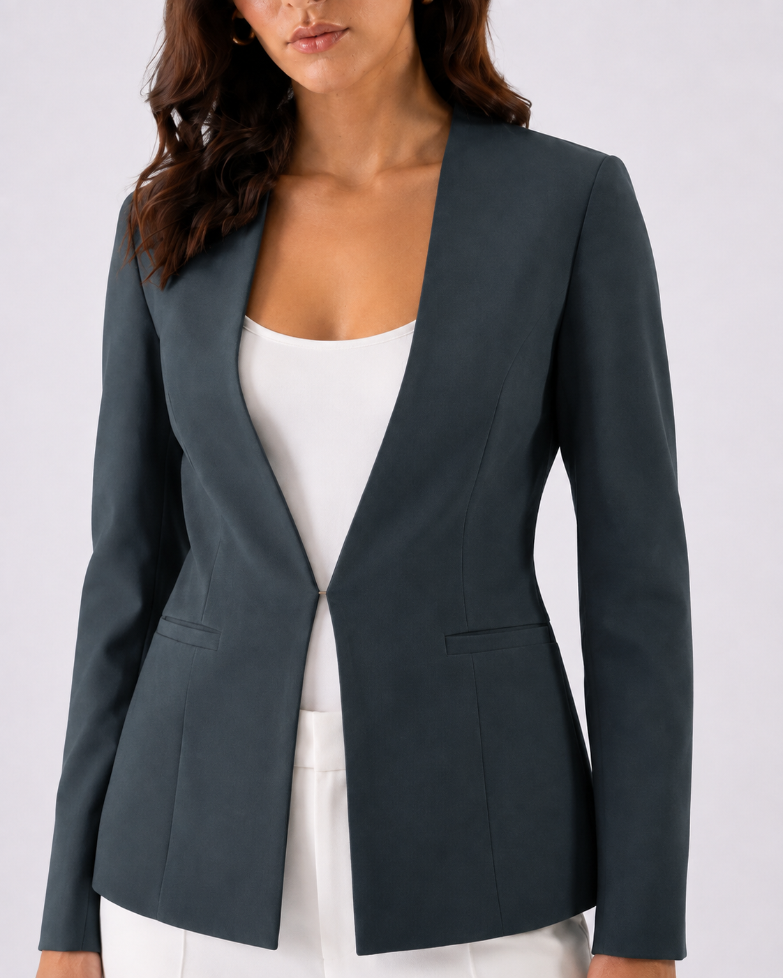 Women Dark Grey Formal Lapelless Blazer