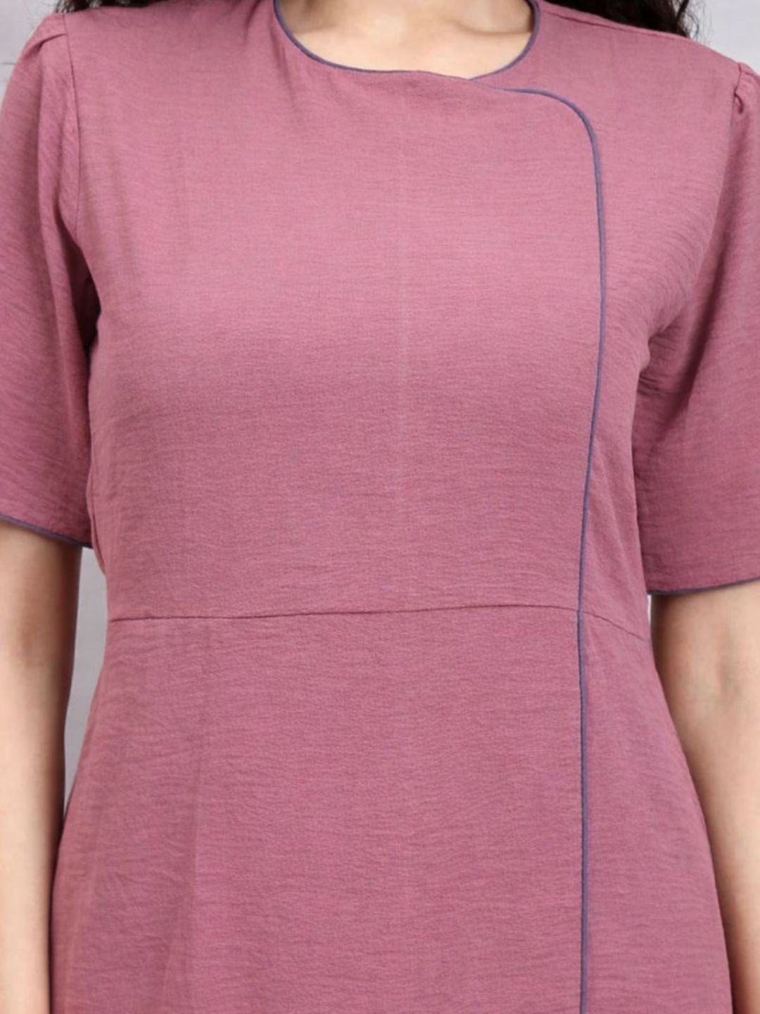 Women Pink Crush Satin Grey Contrast Piping Dress