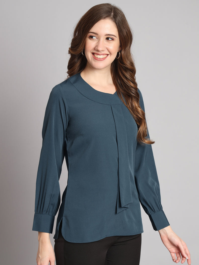 Collared Scarf detailed top- Teal Blue