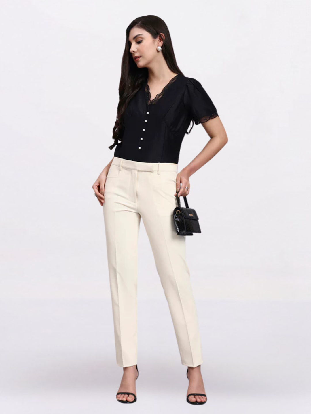 Women Black Puff Sleeve Top With Pearl Button
