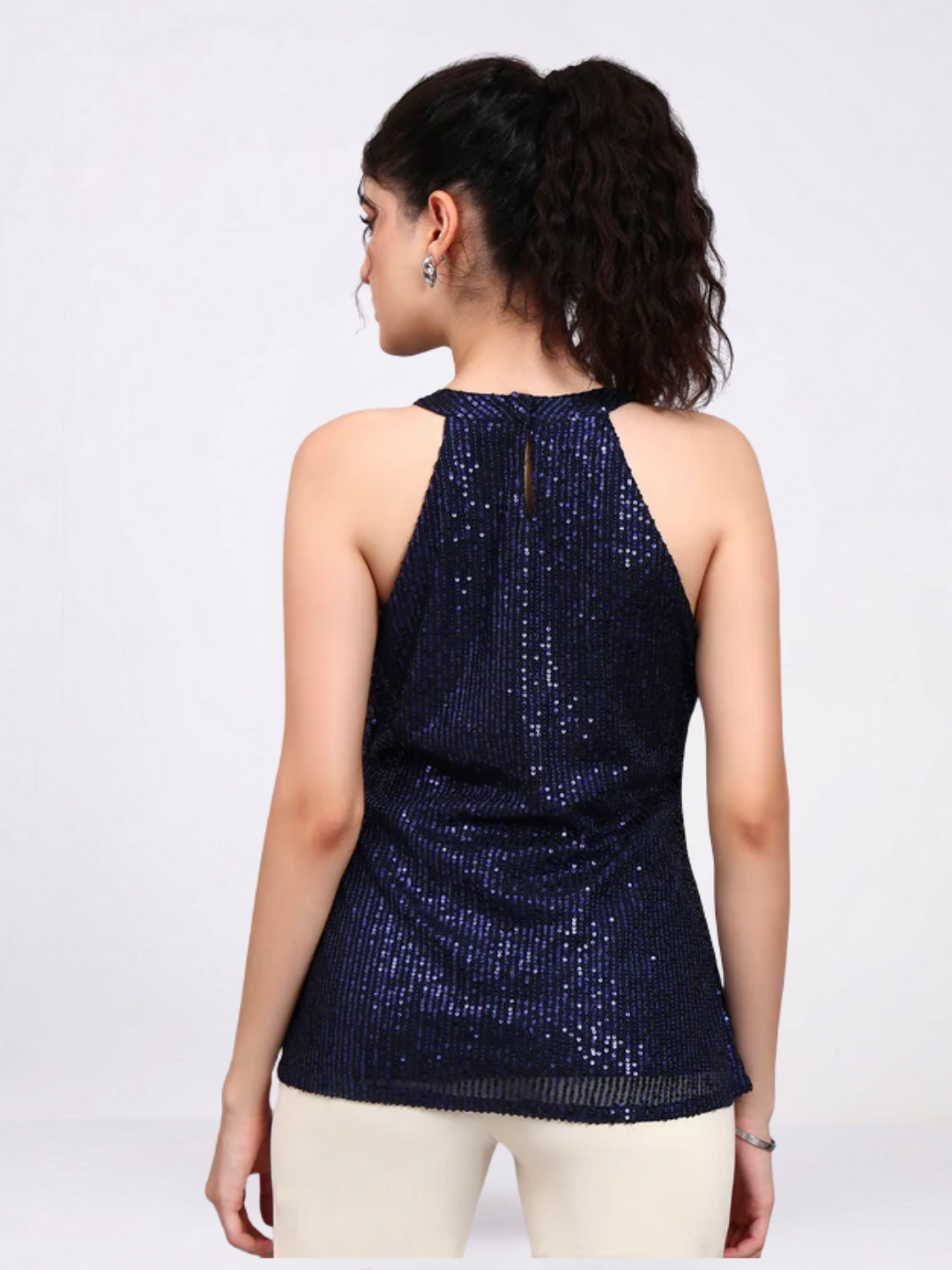 Women Navy Blue Sequin Halter Camisole with Gathered Detail