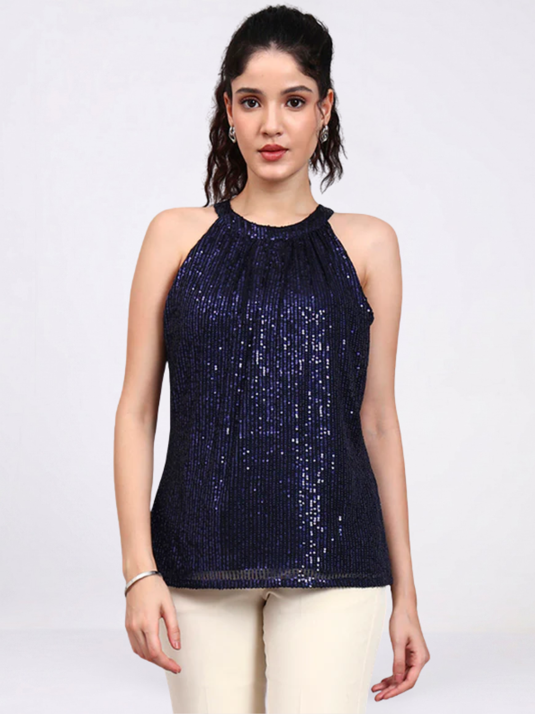 Women Navy Blue Sequin Halter Camisole with Gathered Detail