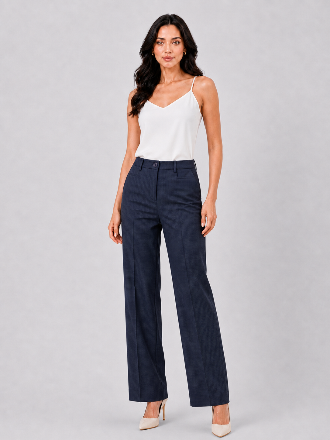 Women Navy Blue Checked Formal Trouser