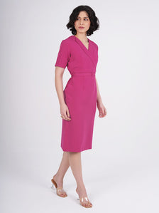 Women Hot Pink Notch V-Neck Stretch Midi Dress With Detachable Belt