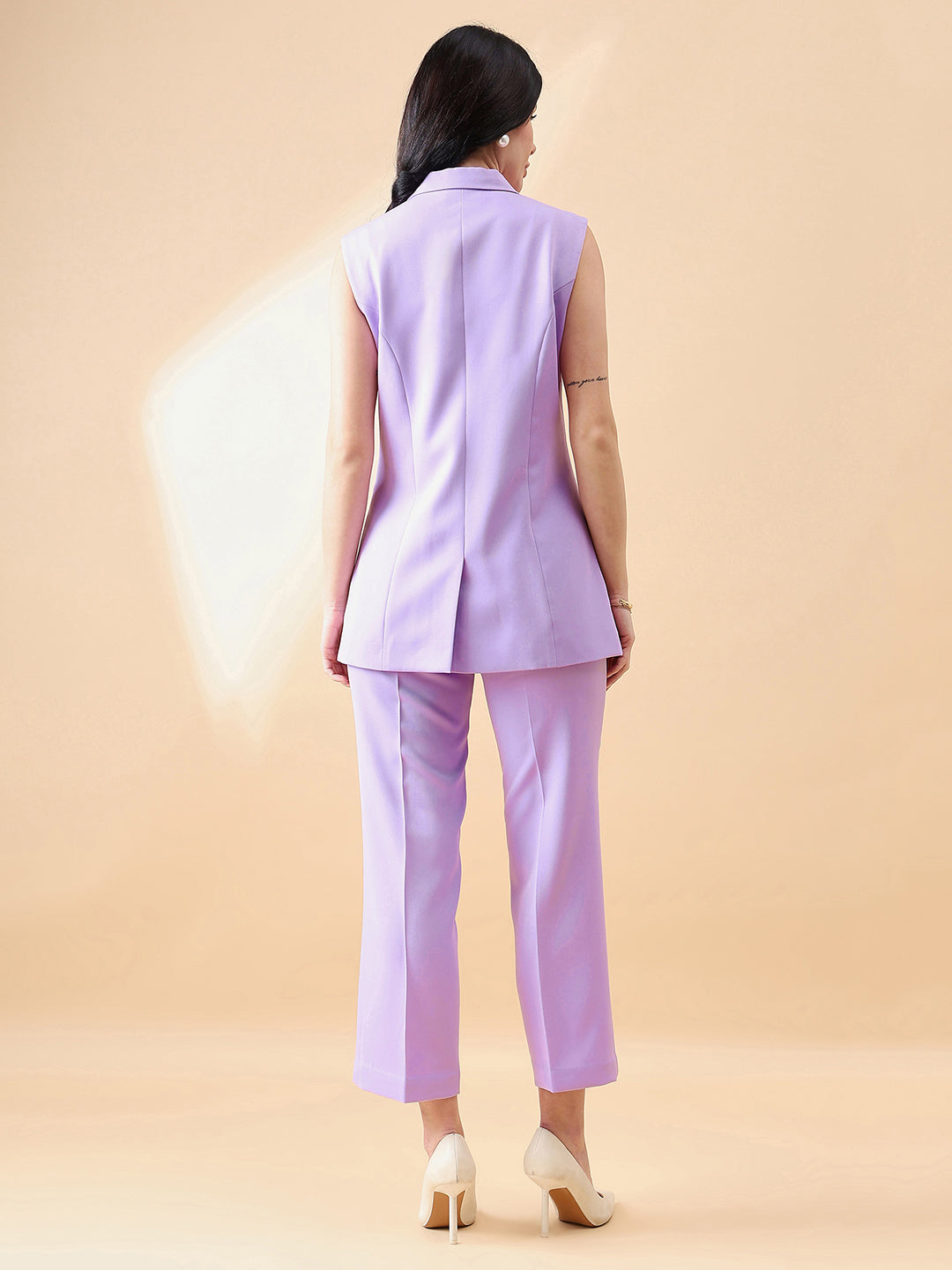 Cut- Sleeve Notch Collar Stretch Pant Suit- Lavender