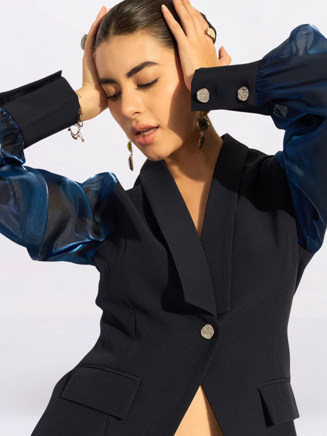 Women Blue Lapel Collar Long Sleeves Shirt Style Top
