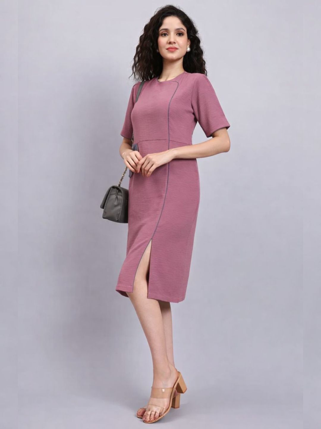 Women Pink Crush Satin Grey Contrast Piping Dress