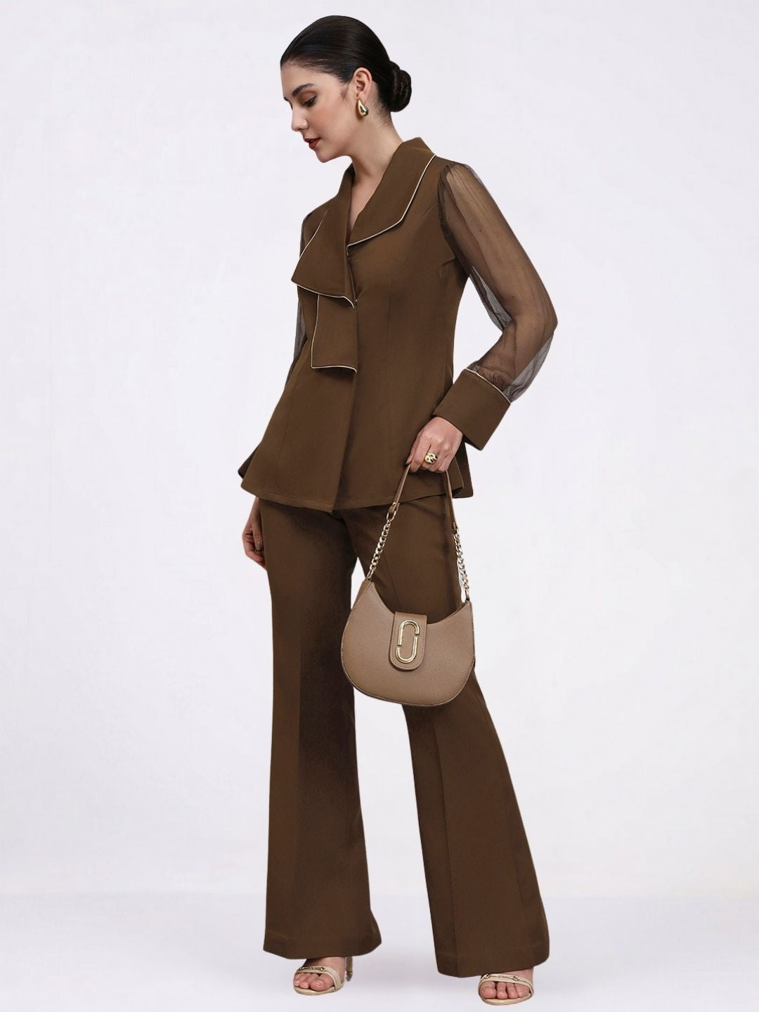Women Brown Stretch Collared Co-Ord Set