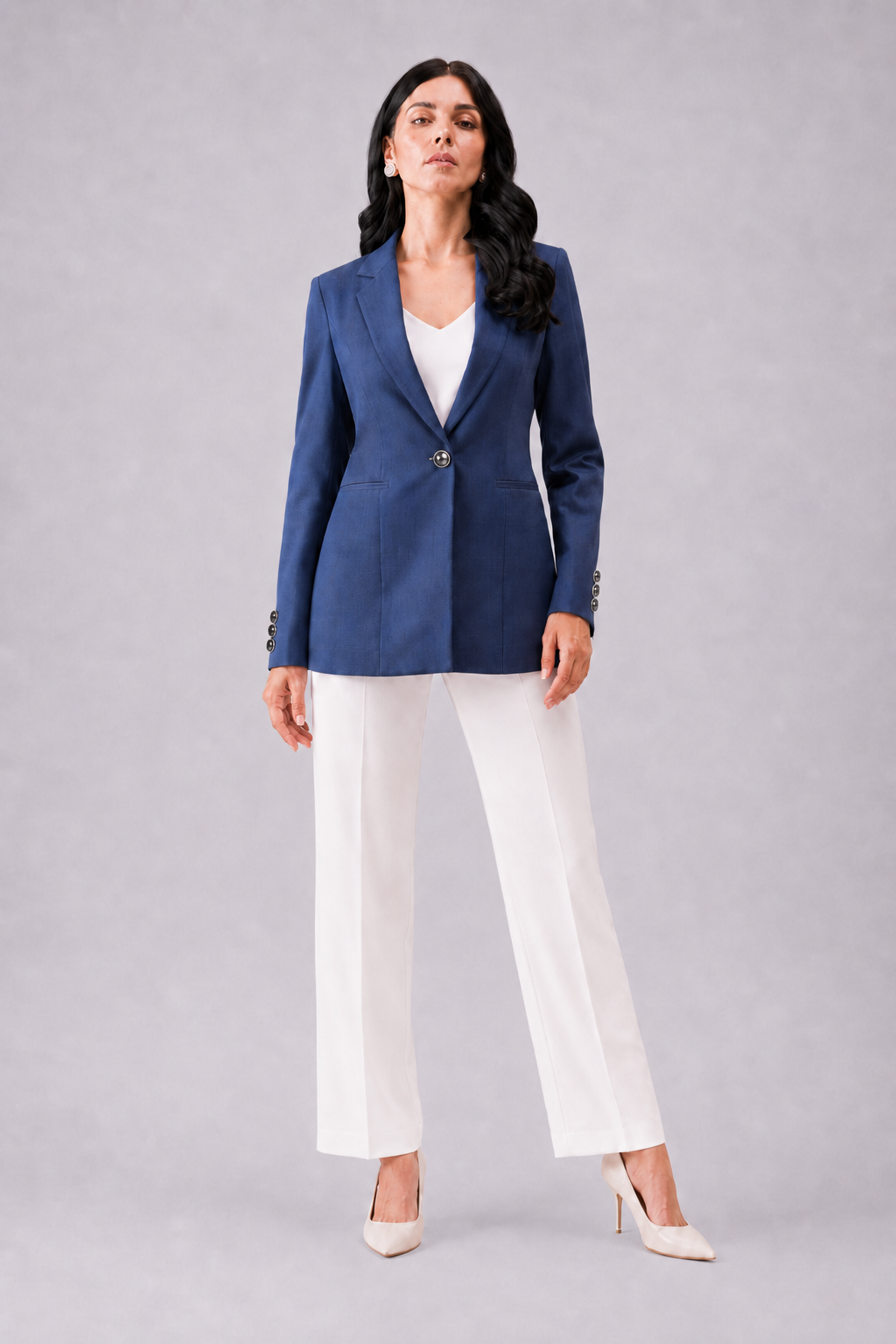 Women Navy Blue Checked Single Breasted Formal Blazer