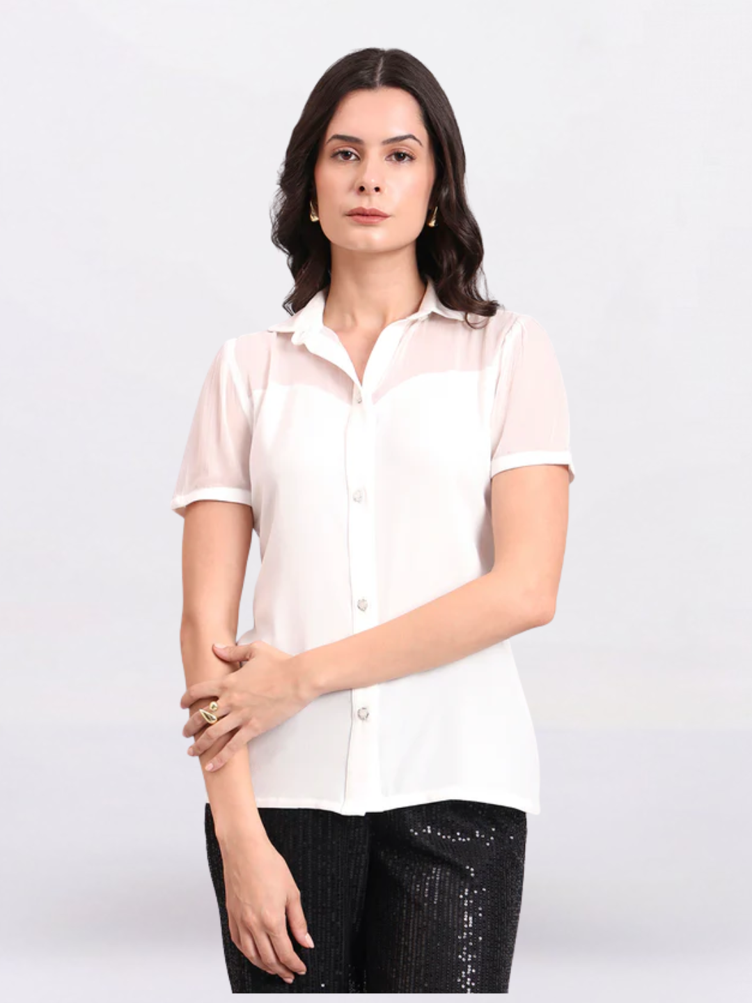 Women White Crepe Shirt With Fancy Button And Sheer Details