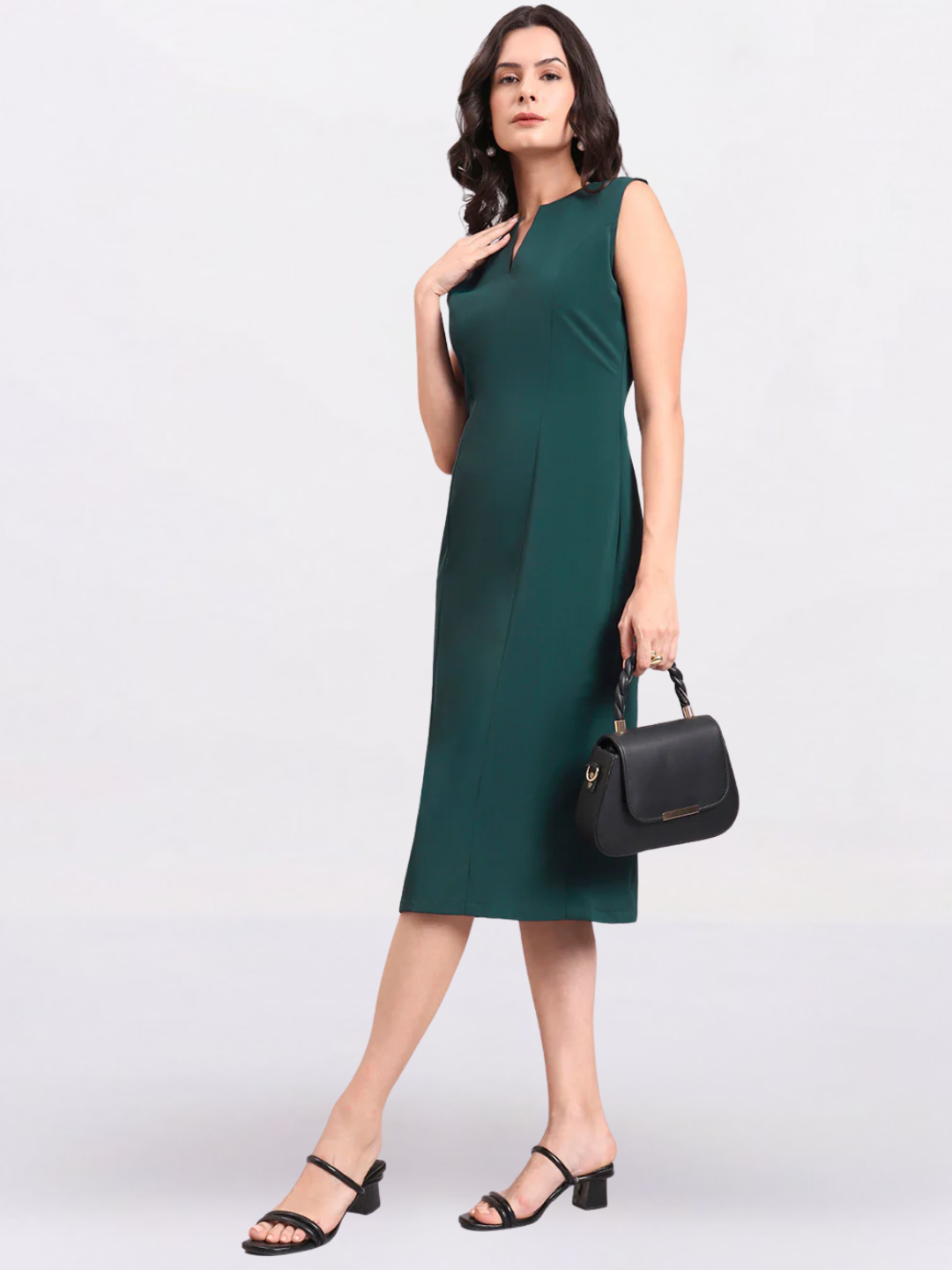Women Dark Green Princess Panel A-Line Stretch Midi Dress