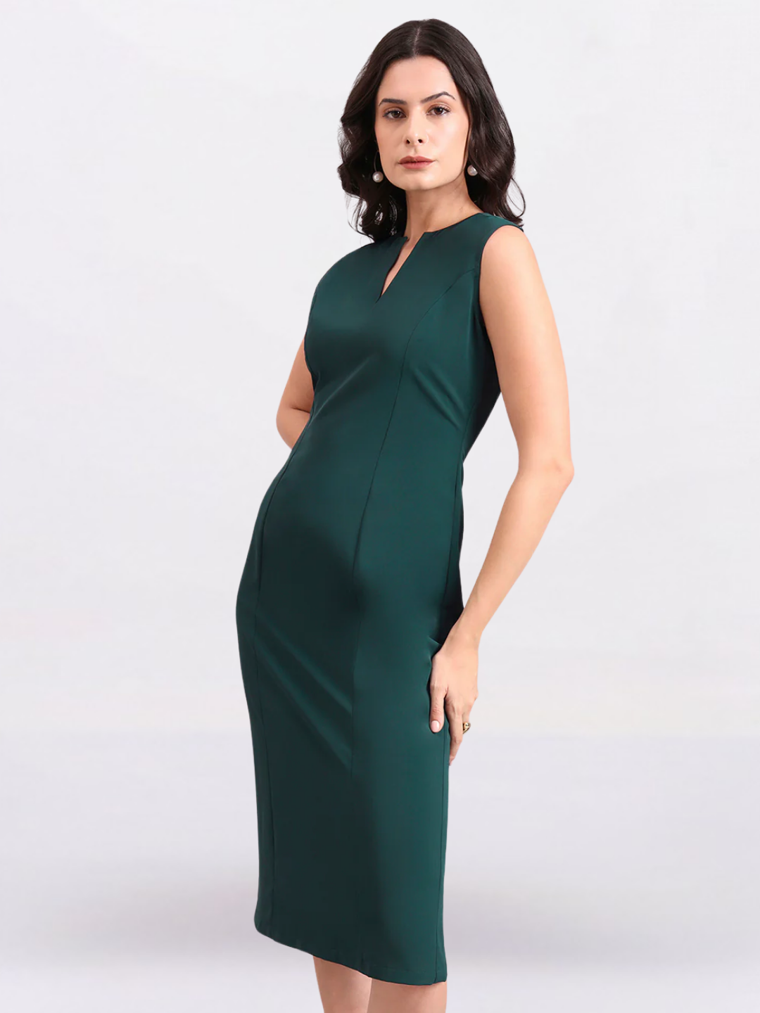 Women Dark Green Princess Panel A-Line Stretch Midi Dress