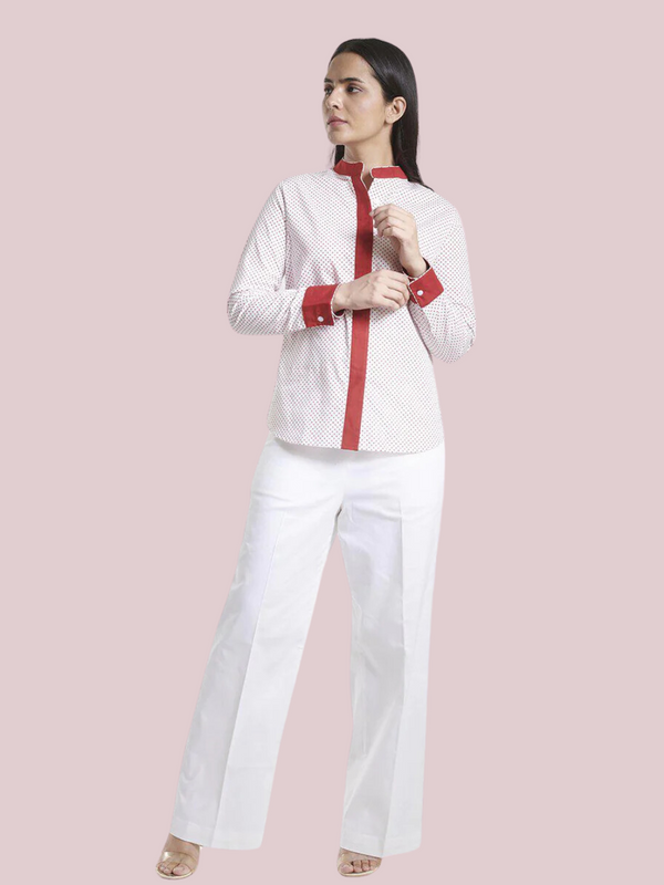 Mandarin Collar Cotton Top - White and Red