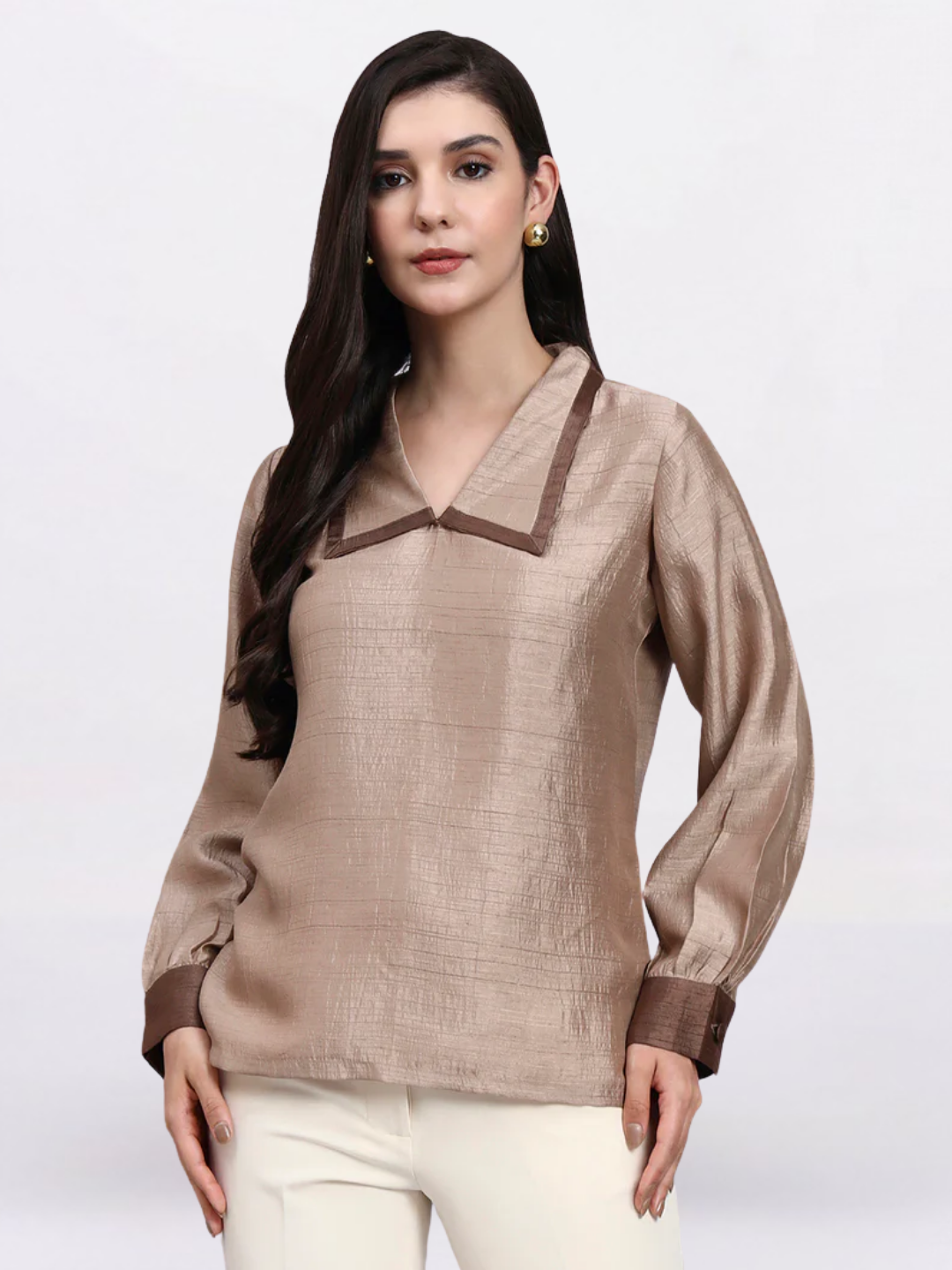 Women Brown Contrast Collar Detailing Top