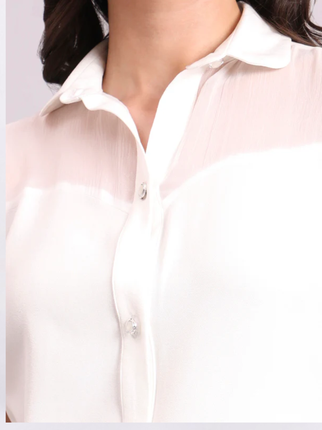 Women White Crepe Shirt With Fancy Button And Sheer Details