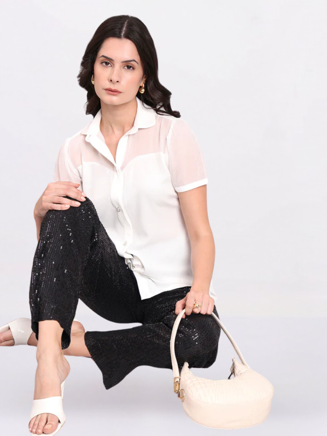 Women White Crepe Shirt With Fancy Button And Sheer Details