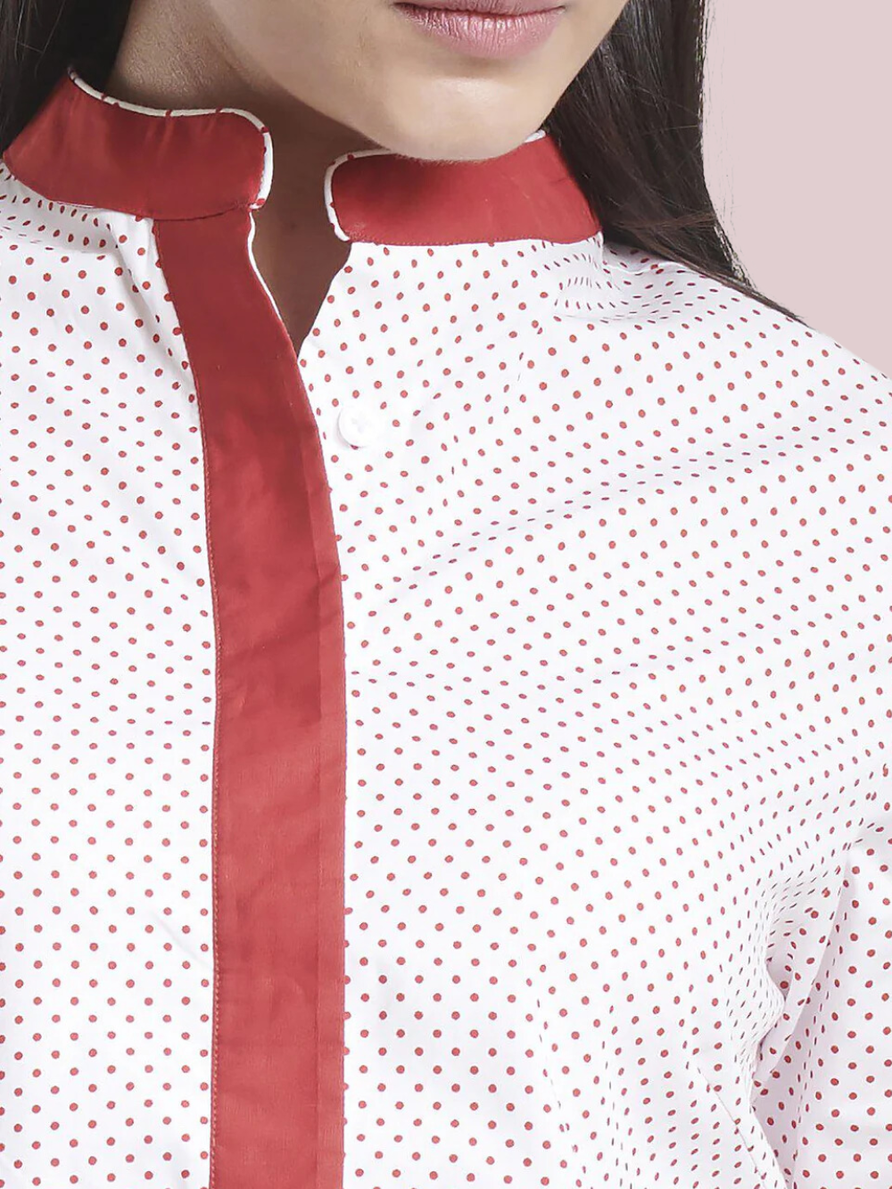 Mandarin Collar Cotton Top - White and Red