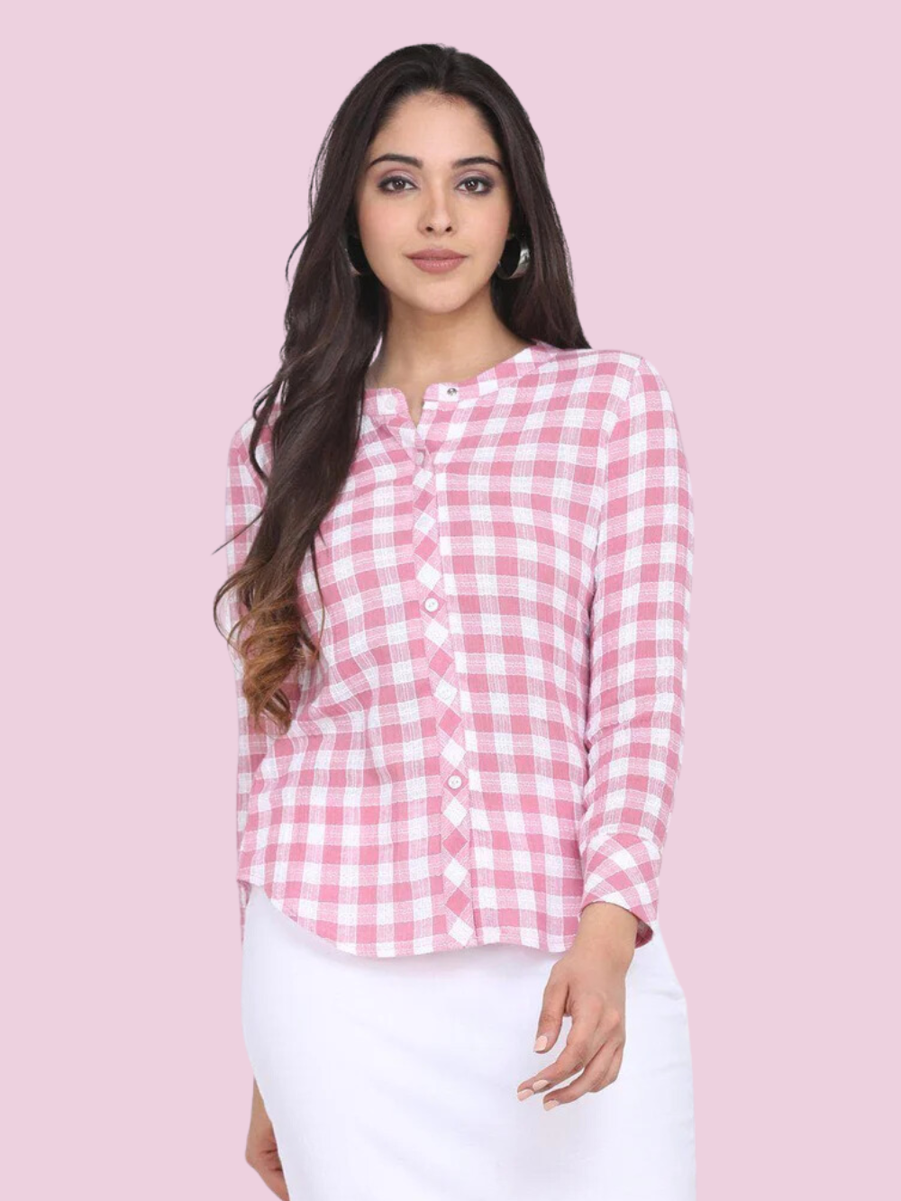 Cotton Checkered Mandarin Collar Top - Pink