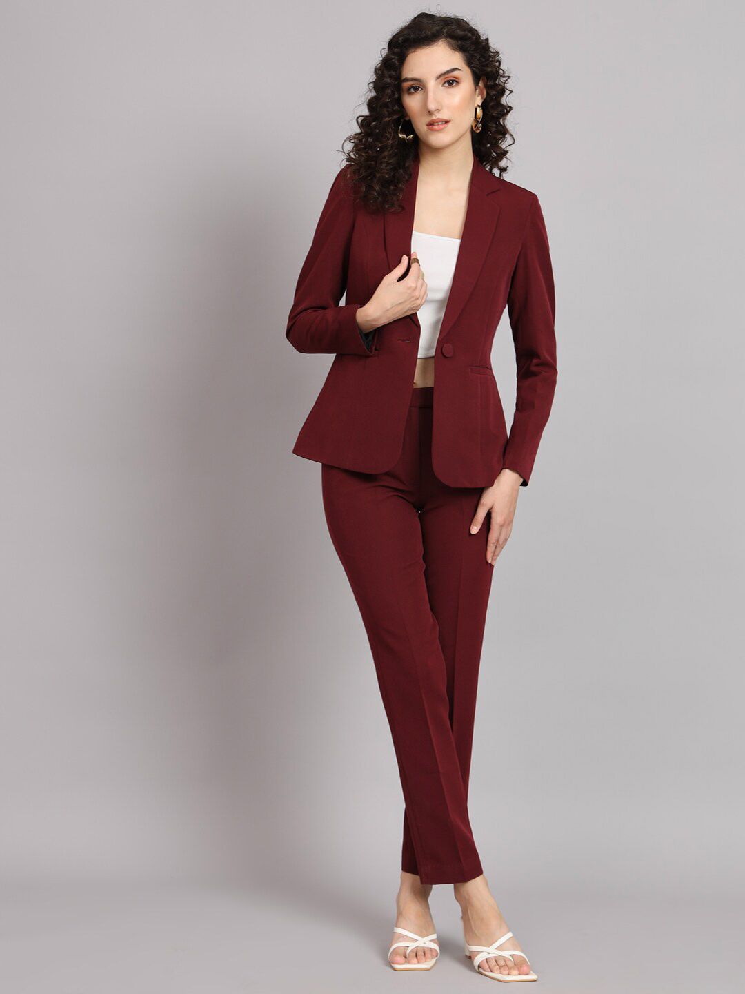 Women Maroon Single-Breasted Formal Pantsuit