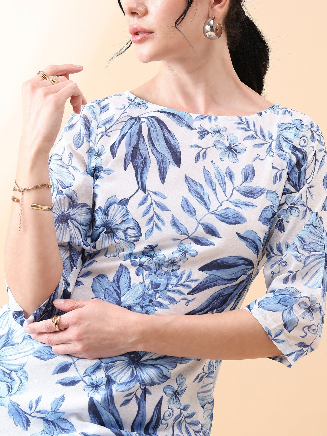 A-Line cotton floral printed dress- BLUE & WHITE