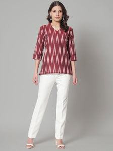 V-Neck Ikat Print Cotton Top- Maroon