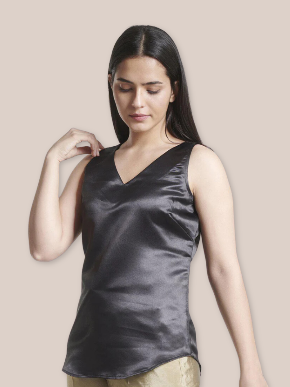 Satin Sleeveless Top - Black