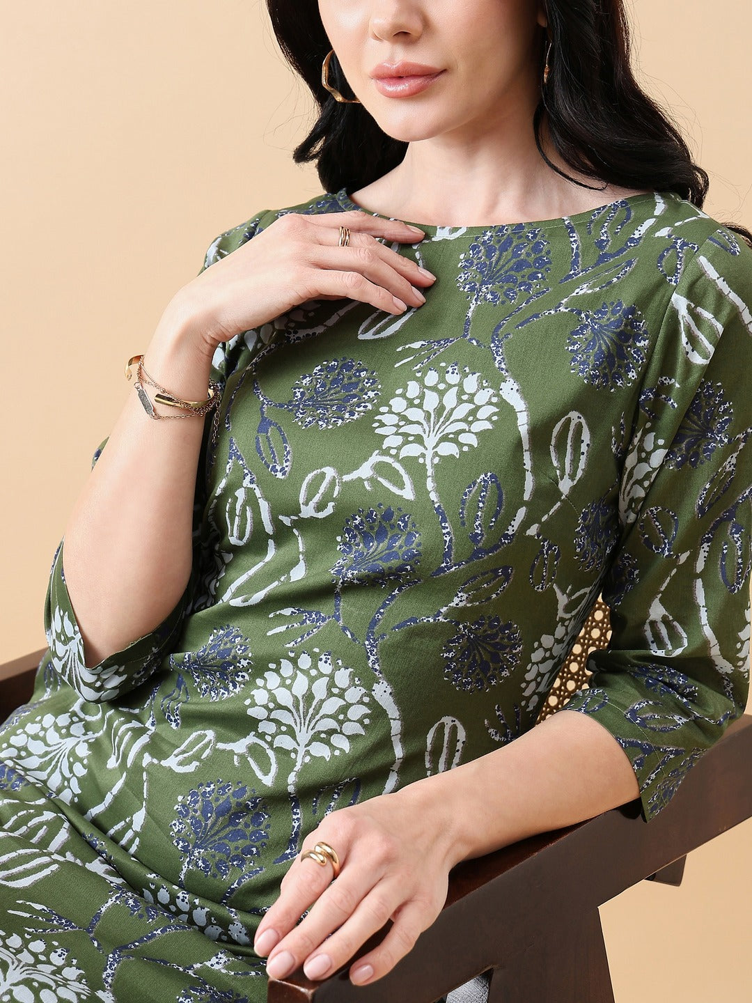 A-Line cotton floral printed dress- OLIVE