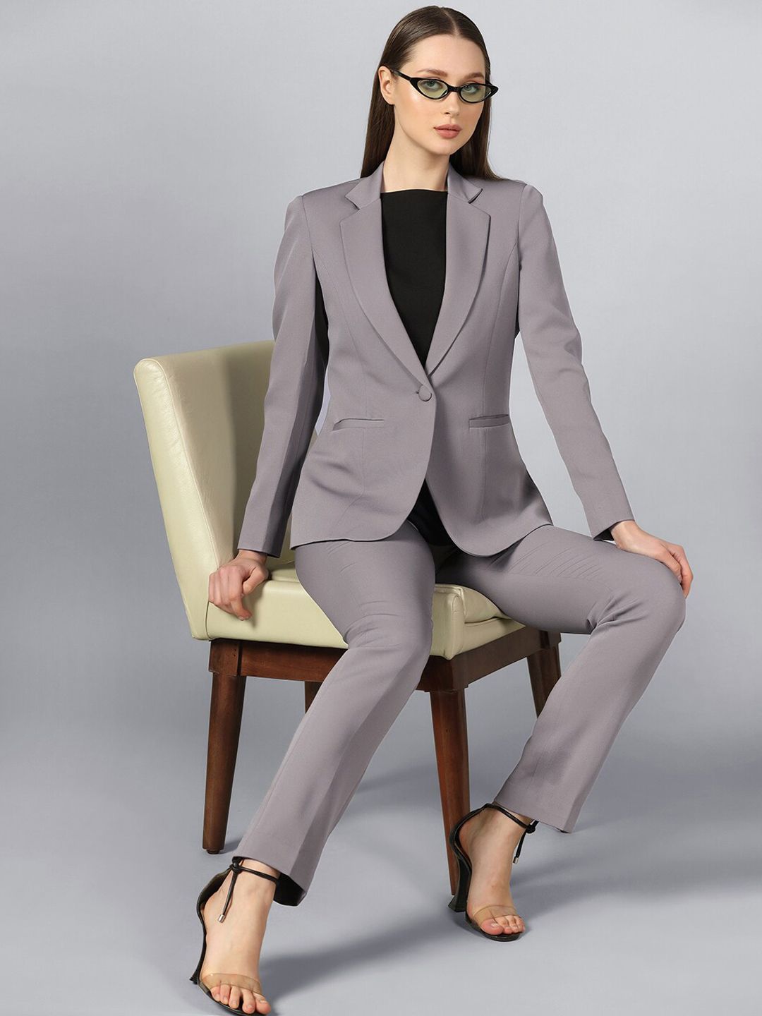 Stretch Notch Collar PantSuit-Grey