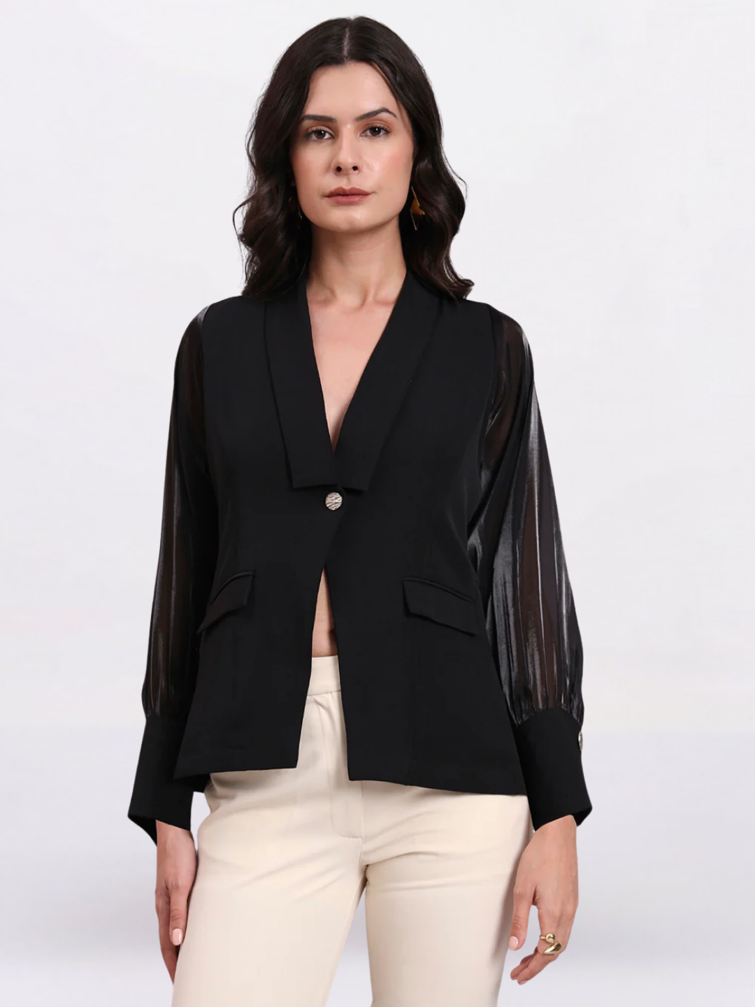 Women Black Shawl Collar Top With Sheer Balloon Sleeves And Fancy Buttons Detailed
