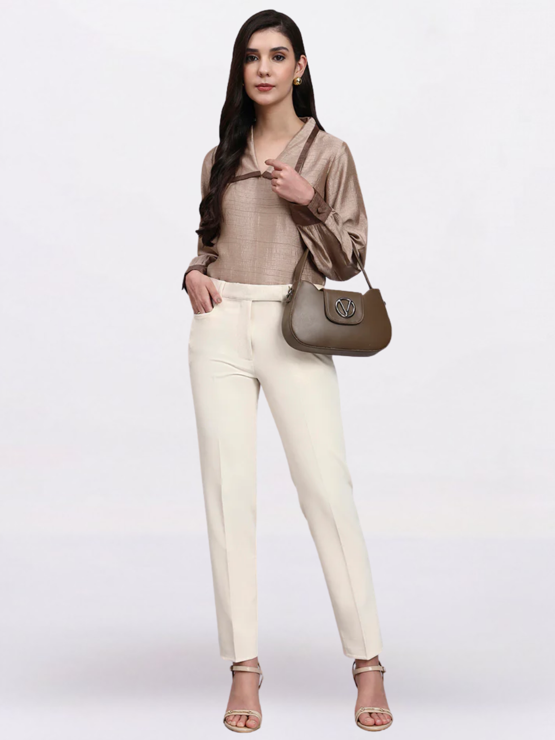 Women Brown Contrast Collar Detailing Top