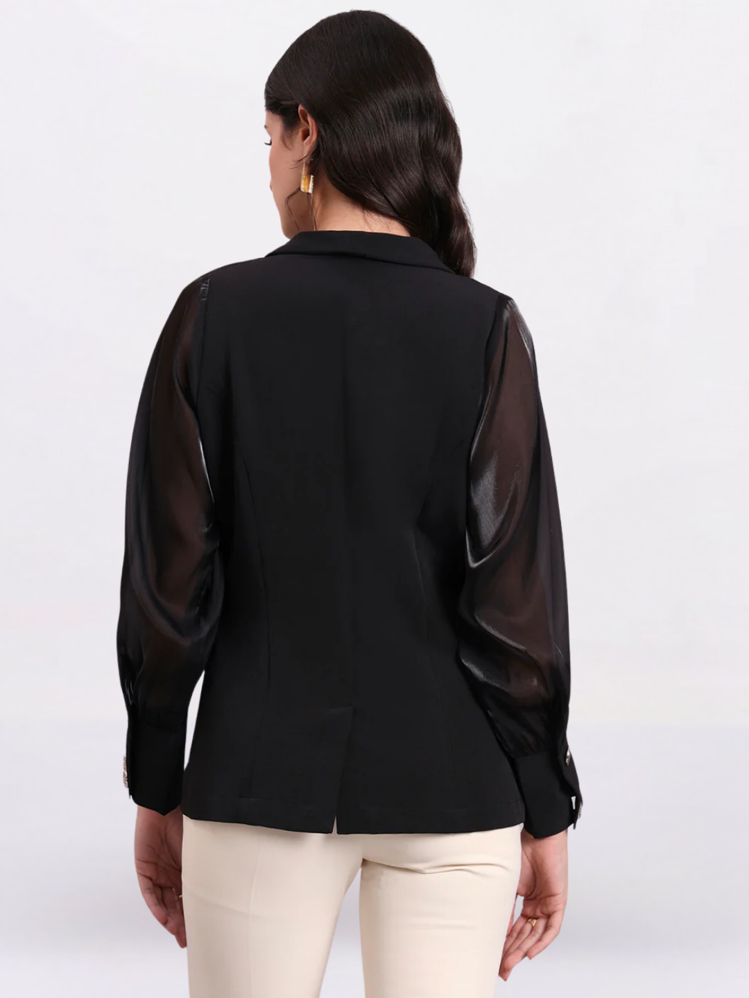 Women Black Shawl Collar Top With Sheer Balloon Sleeves And Fancy Buttons Detailed
