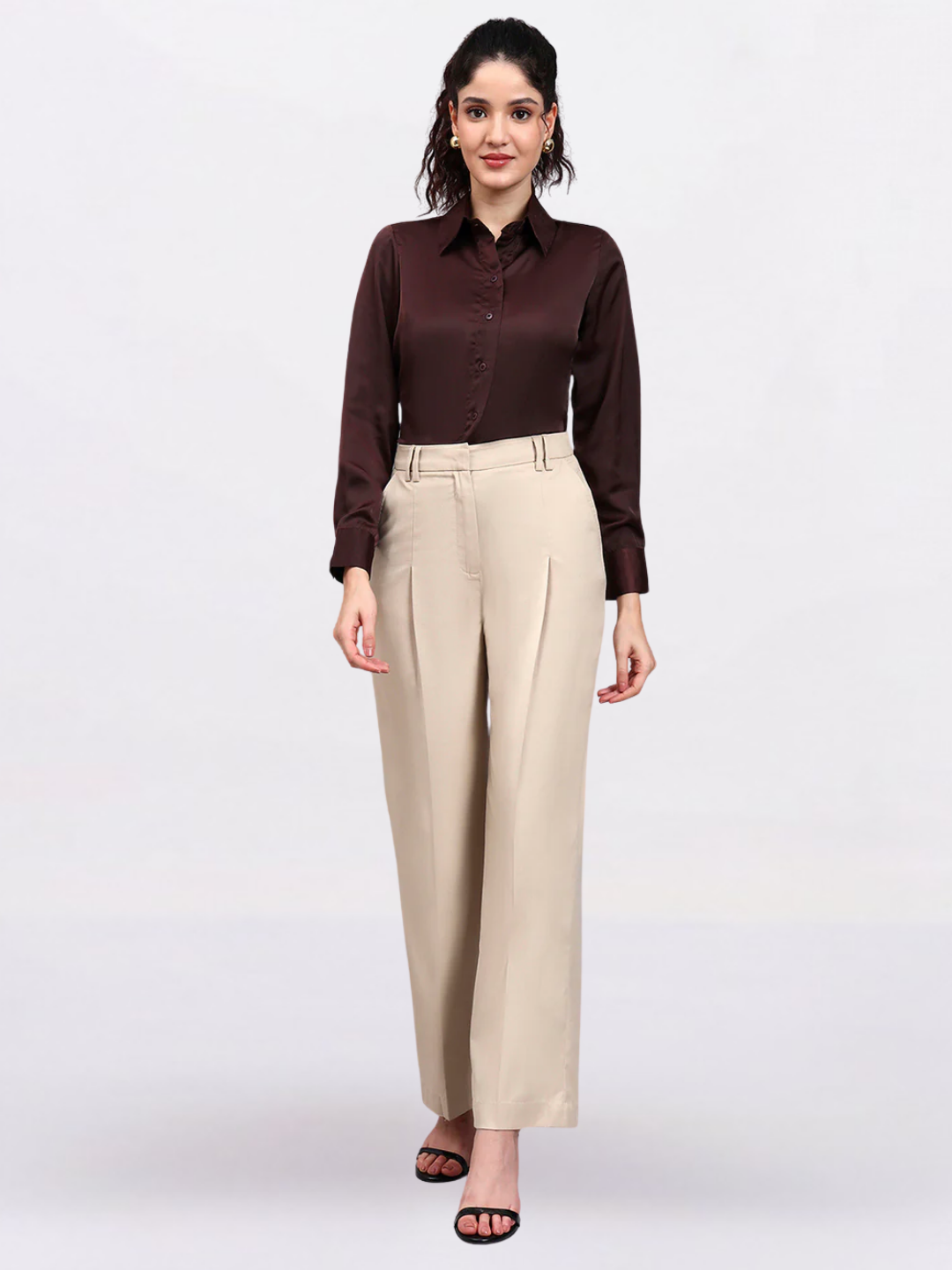 Women Light Beige High Waist Pleated Trouser