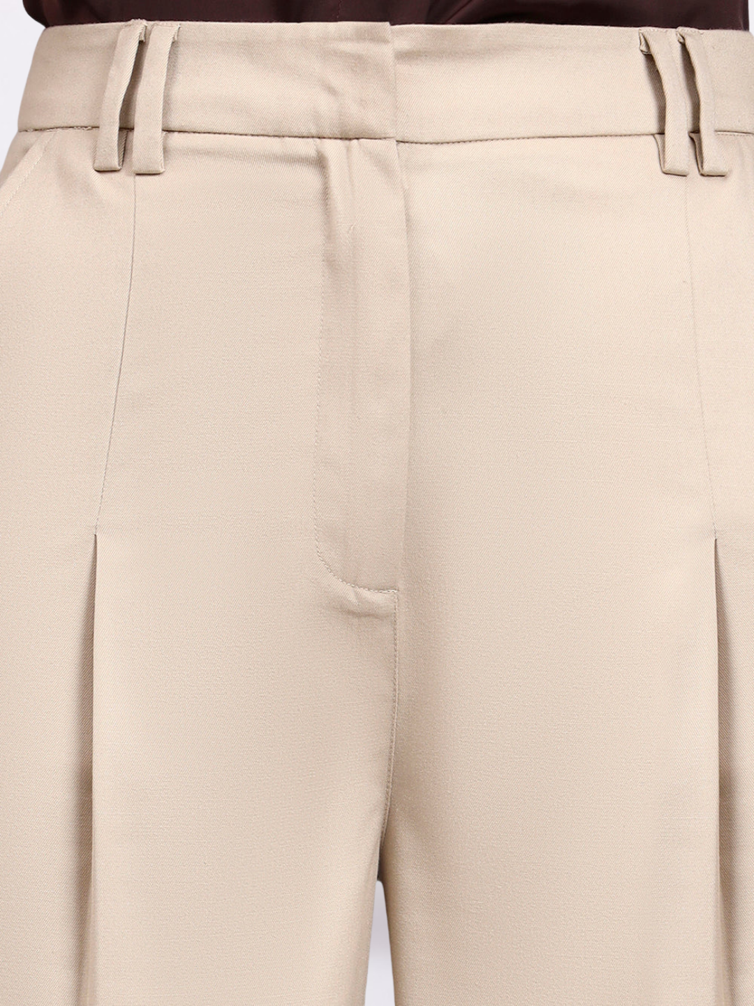 Women Light Beige High Waist Pleated Trouser