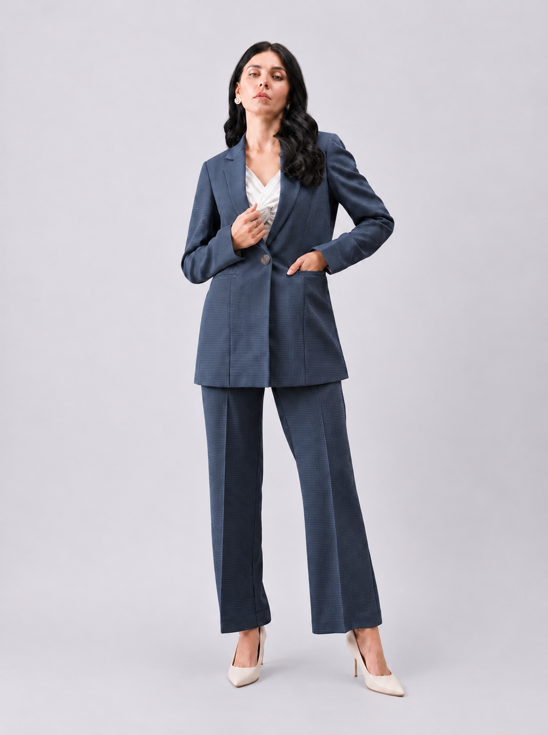 Women Navy Blue Checked Single Breasted Formal Pantsuit