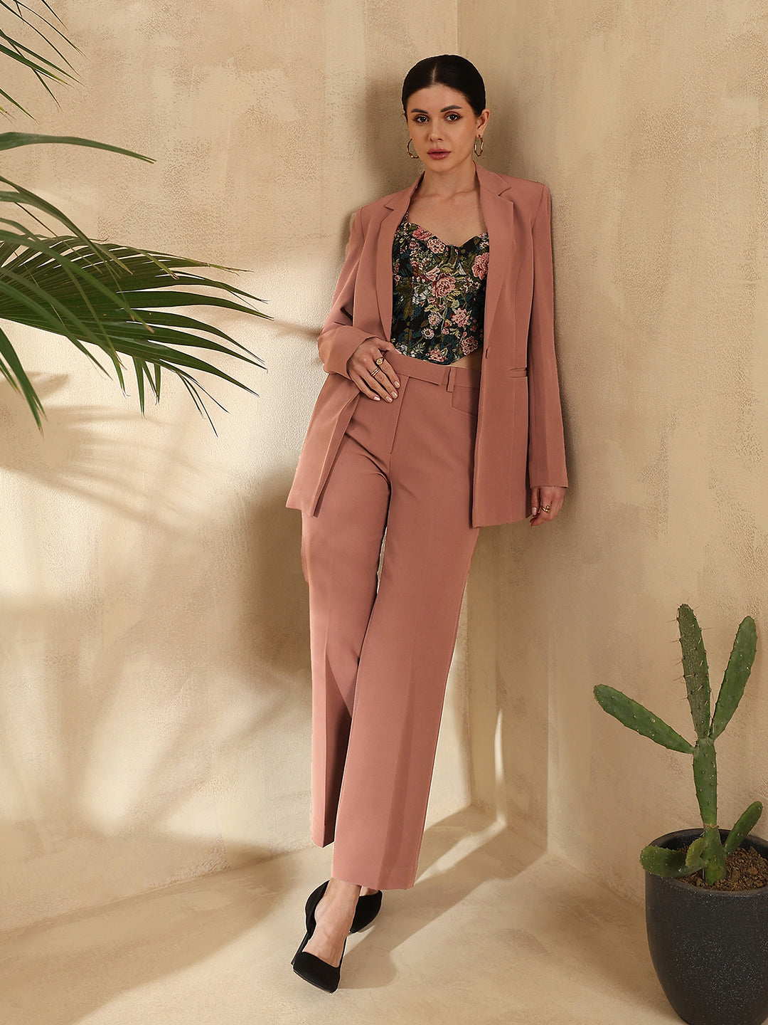 Notch Collar Stretch Pant Suit- Dusty Peach