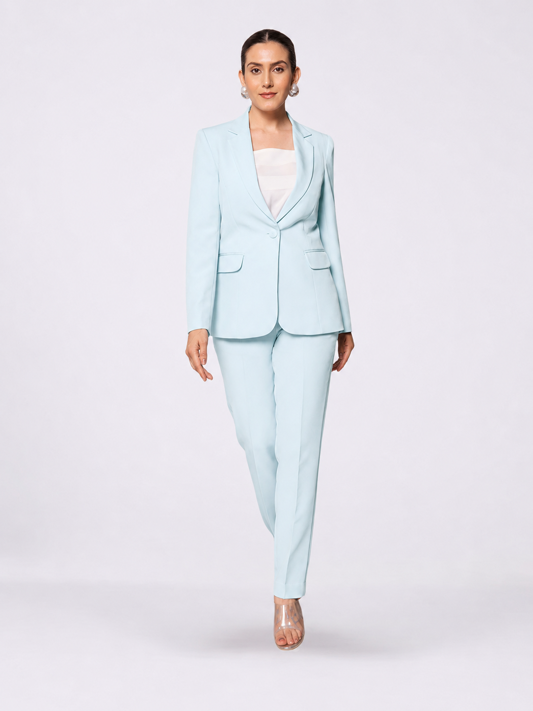 Women Blue Single Breasted Stretch Pant Suit