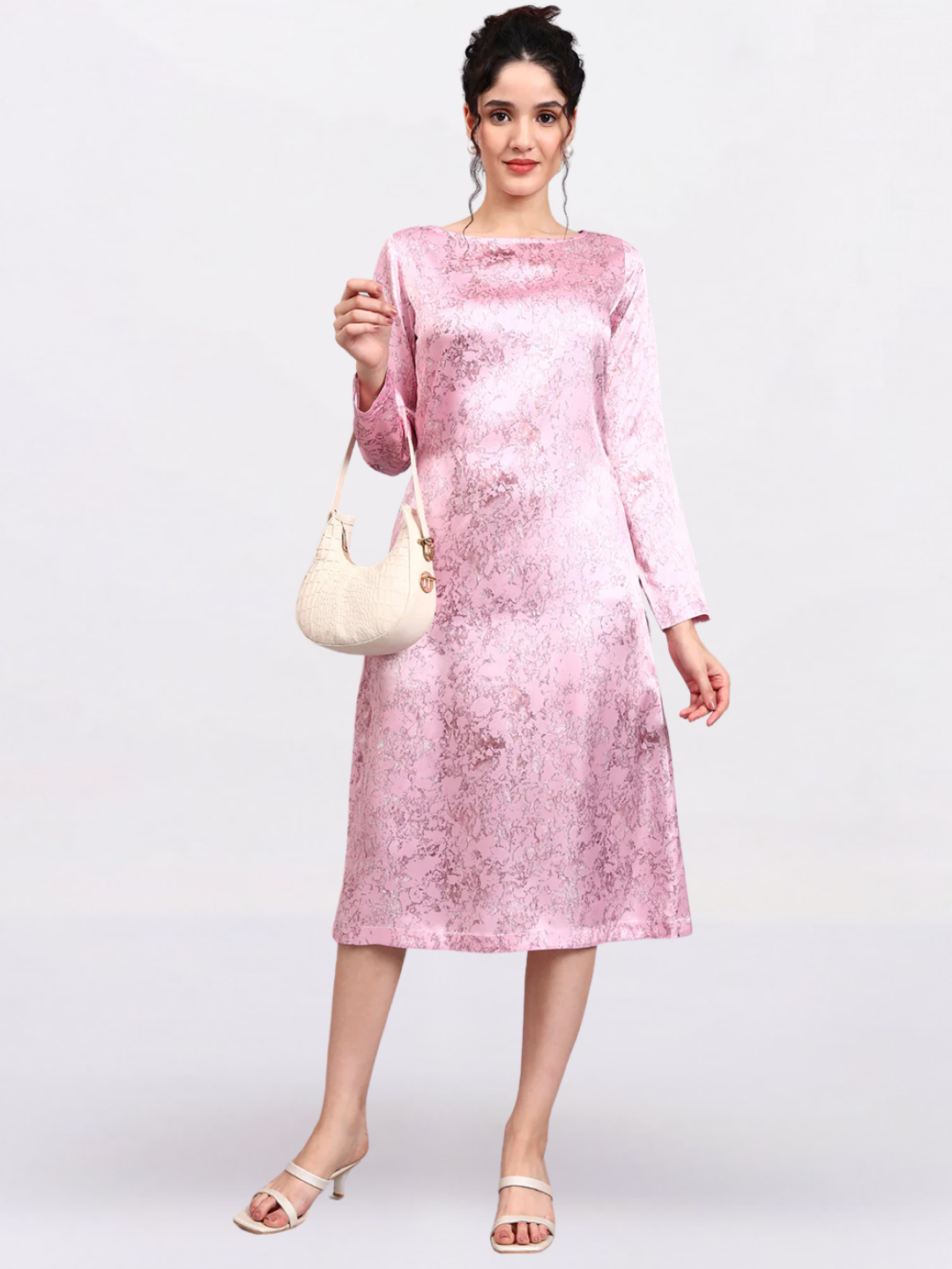 Women Pink Satin Marble print A-Line Dress